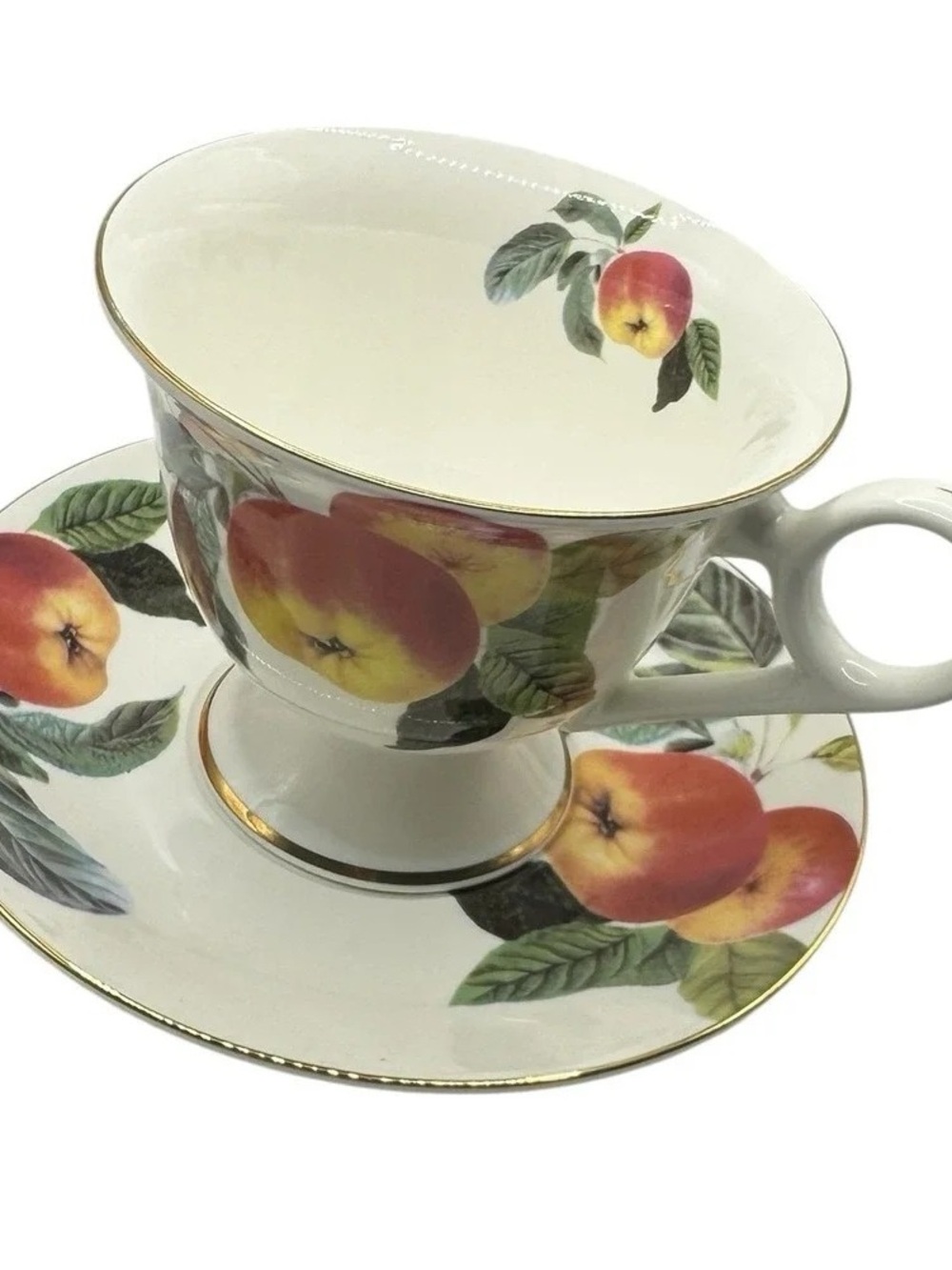 Porcelain Peach Motif Footed Teacup and Saucer with Gold Trim
